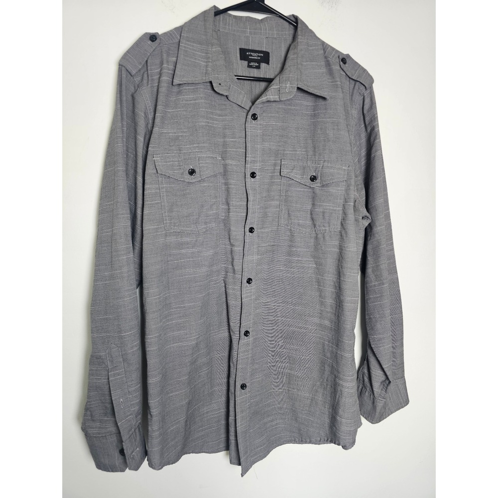 Military Style Attention Button Down Shirt Mens L Grey Modern Fit Epaulette Long